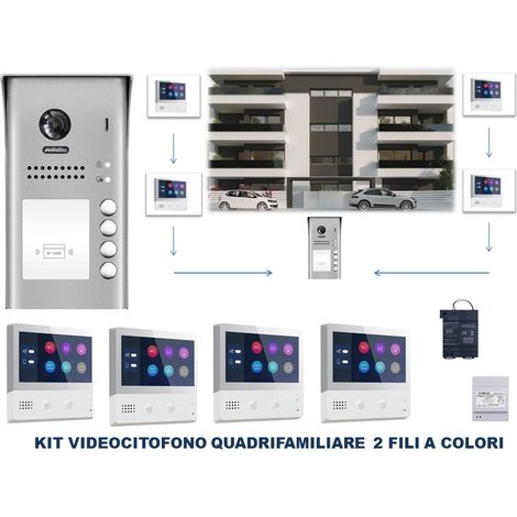 Videocitofono quadrifamiliare 4 famiglie monitor 7 pollici 2 fili a colori ipertronic