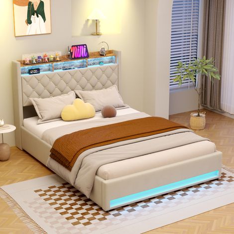 Modernes Polsterbett 160x200 cm aus mit RGB-LED per App & Fernbedienung, Gasdruck-Stauraum, USB-Anschluss, Steckdose, stabiler Eisenrahmen (1/5)