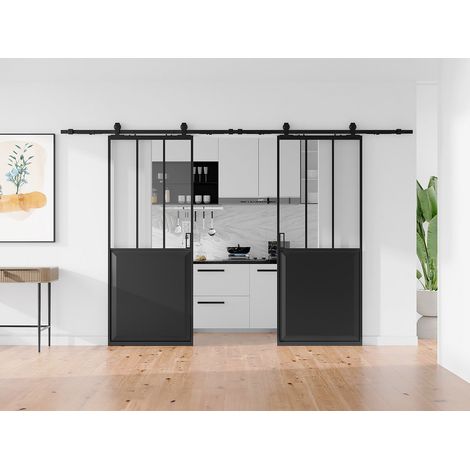Porte scorrevole doppia atelier esterno muro 2 x H205 x L93 cm Nero e Vetro temperato - ARTISTO II (1/4)