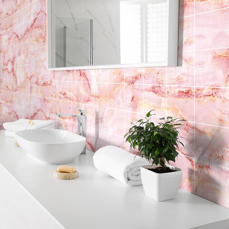 Sticker Mural Carrelage adhésif Cuisine Salle de Bain - 60 STICKERS CARRELAGES MARBRE ROSE DE LAS TERRENAS - 60stickers10x10cm (1/4)