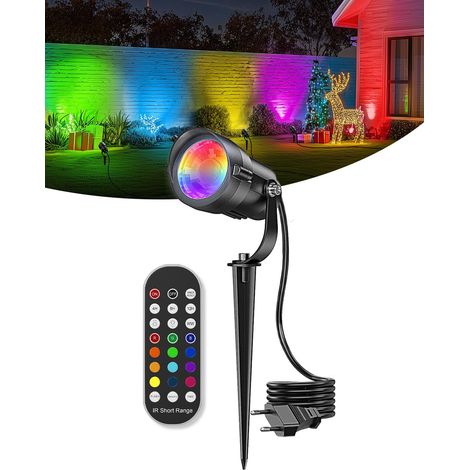 Projecteur LED RGB extérieur dimmable, lumières de jardin avec télécommande, projecteur LED couleur extérieur de Noël avec prise et pointe, lampe de jardin IP65 étanche pour terrasse, allées de pelous