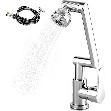 Rubinetto da cucina con doccetta estraibile, getto regolabile a 1080°, 2 modalità di getto, miscelatore con tubo flessibile di collegamento acqua calda/fredda lungo 60 cm – Argento (1/5)