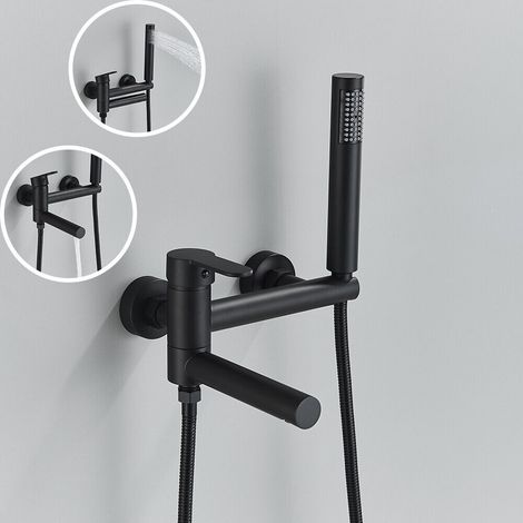 Mitigeur de salle de Bain noir, Mitigeur Baignoire Cascade Monocommande de Douche avec douche à main Robinet de baignoire Mélangeur de bain apparent avec support mural et tuyau de douche de 1,5 m (1/5)