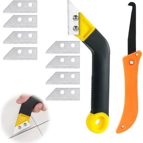 Ensemble de 10 grattoirs à joints, grattoirs à joints pour carrelage avec 8 lames de rechange et 1 scie coudée, grattoir de nettoyage pour carrelage, grattoir à joints pour carrelage (1/5)
