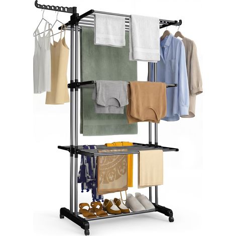 Étendoir à Linge à 4 Niveaux 126x63x170cm Sechoir à Linge Grande Capacité Pliable avec roulettes Ailes latérales Utilisation Intérieure et Extérieure Noir Gris (1/5)