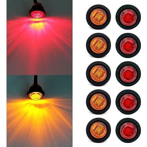 10PCS 3/4" 12V LED Lampe Latérale Ronde pour Camion, Voiture, Bus, Remorque, Caravane, Bateau, Feu Arrière, Feu Stop (Jaune+Rouge) (1/5)