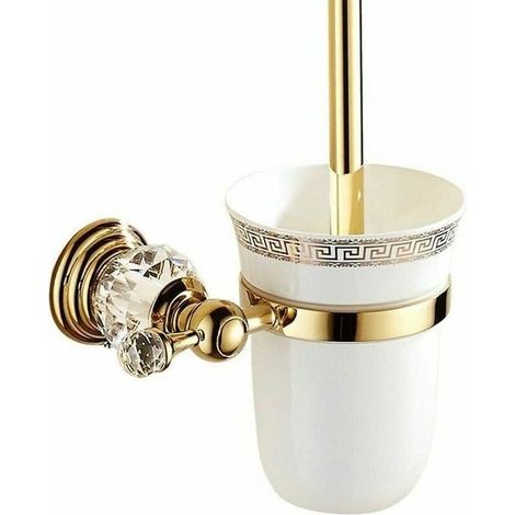 Porte-brosse WC en métal avec verre poli et ensemble de toilette Accessoires de toilette design doré Support mural et finition dorée Style européen pour salle de bain (1/4)