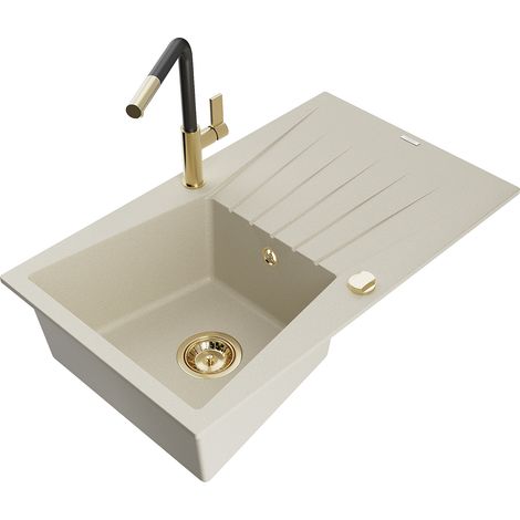 Mexen Cesar 1 Becken-Granitspüle mit Abtropffläche und Mischbatterie Flora, Beige - 6514-69-670401-5 (1/5)