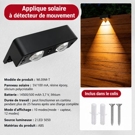Applique solaire LED extérieure mini 2 LED avec lentille pour clôture et escalier 2 mini 12,8 × 11,3 × 8,2 cm 550 g – Livraison gratuite
