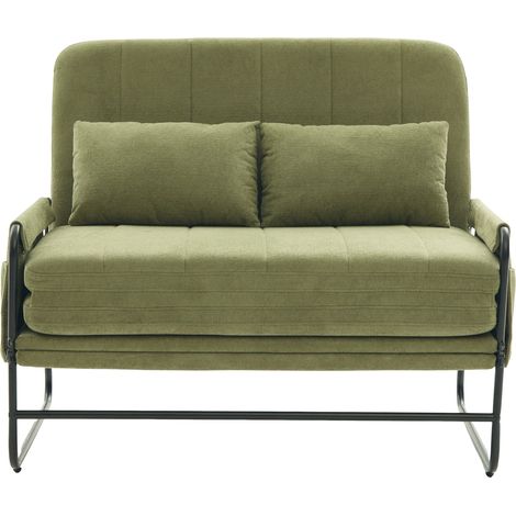 Canapé convertible 2 places en chenille vert – pliable, cadre métal, rangements latéraux – pour salon, bureau, appartement ou chambre d’amis (1/5)