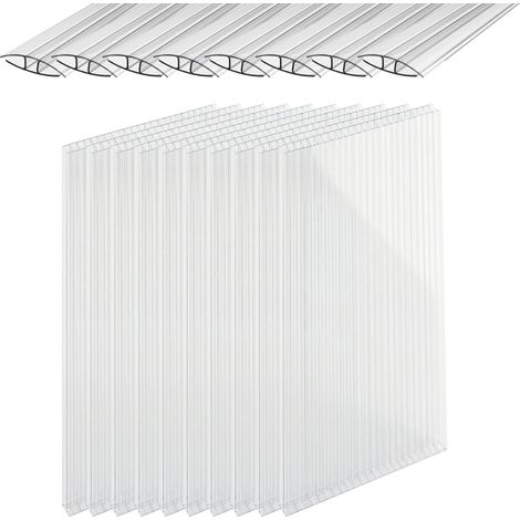 Relaxdays Set 10 lastre alveolari con connettori, policarbonato 6 mm, serra, 121x60,5 cm, trasparente