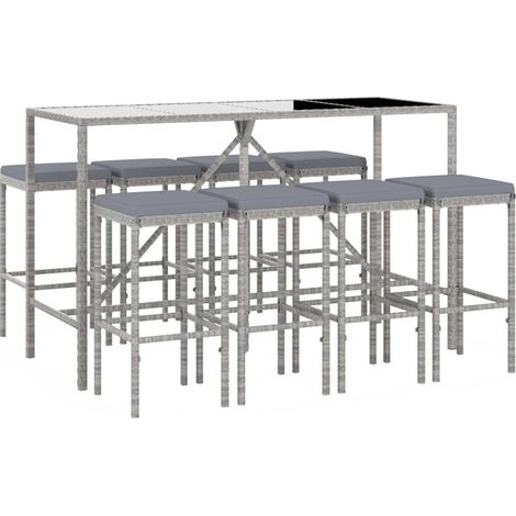 Set bar da giardino da 9 pezzi con cuscini in polyrattan grigio 020013442