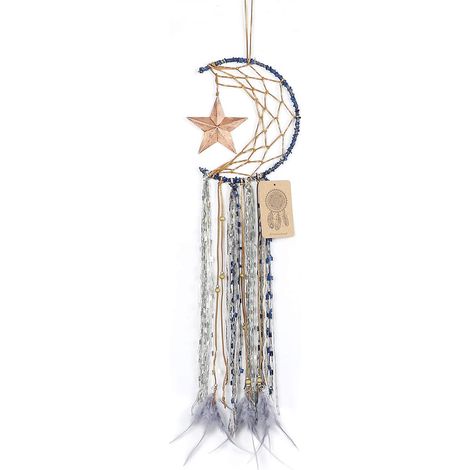 Bleu Attrape-rêves Fait à la Main Demi-Cercle Lune Étoile Design avec Plumes Dreamcatcher Tenture Murale Décoration de la Maison Ornement Festival de Noël Artisanat Cadeau (1/4)