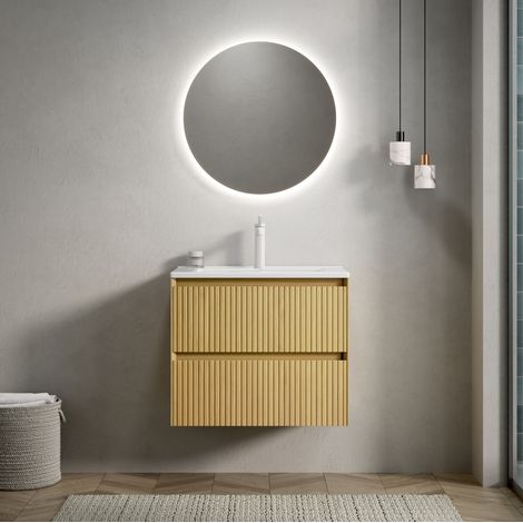 Meuble vasque mural 61 cm avec lavabo céramique blanc, meuble 2 tiroirs, chêne beige (1/5)