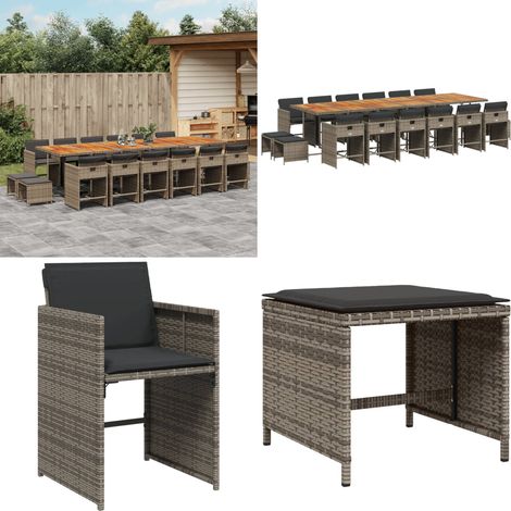 17-tlg. Garten-Essgruppe mit Kissen Grau Poly Rattan - Gartenmöbel Set - Gartentisch - Gartenstühle - Gartenhocker - Rattan Möbel - Home & Living
