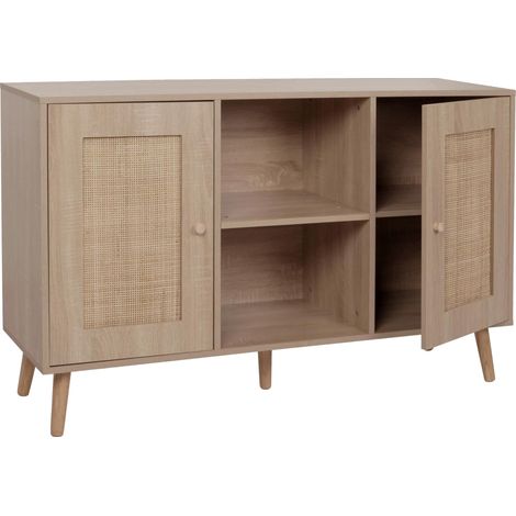 [NEUWERTIG] Sideboard HHG-219, Schrank Kommode Highboard, Staufächer, Kubu Rattan Holz Melamin, Eiche-Optik