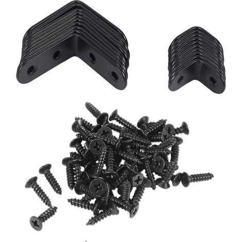 Lot de 20 équerres noires en acier inoxydable pour fixation d'angle, idéales pour chaises, étagères et panneaux en bois. (1/4)