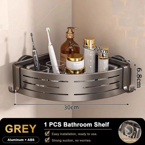 (gris-1) Étagère de douche triangulaire avec crochets à ventouses, sans perçage, organisateur de salle de bain, étagère d'angle en aluminium pour shampoing et savon, rangement de cuisine (1/5)