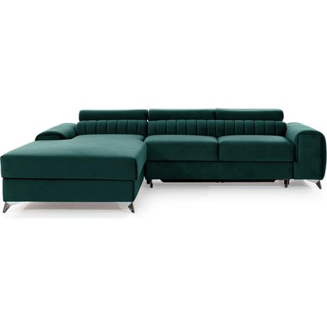 Canapé d’angle convertible GRENKY en velours avec coffre et têtières réglables – 278cm angle gauche-Vert forêt-angle gauche (1/5)