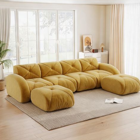 Sofa modulaire en U jaune 4 places avec poufs tissu chenille (1/5)