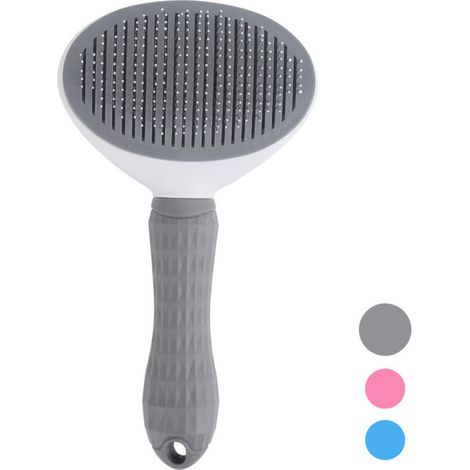 Spazzola morbida e detergente per la toelettatura degli animali domestici (cani, gatti e conigli), con manico ergonomico e autopulente, colore grigio. (1/4)