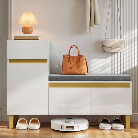 Schuhschrank mit Bank, 120 x 35 x 85 cm, MDF, Weiß HAVRYA (1/5)