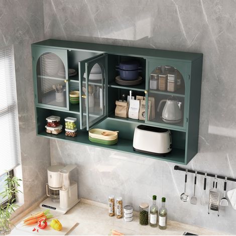 Pensile da parete 120x23x70 cm in metallo e vetro verde scuro, salvaspazio cucina FloraGrace (1/5)