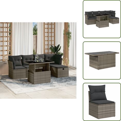 The Living Store Salon de jardin 6 pcs avec coussins gris résine tressée - Ensemble Salon De Jardin - Mobilier De Jardin - Salon Extérieur - Table De Jardin Extensible - Chaise Longue (1/5)
