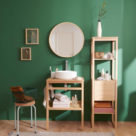 HOPP Waschtisch 60cm Eiche, Rundbecken, Armatur, Spiegel & Schrank