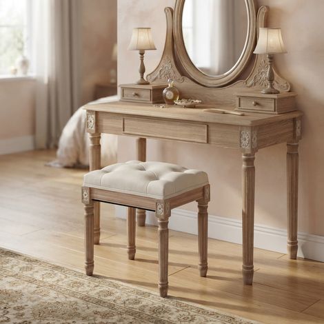 Schminkhocker Polsterhocker aus Leinen mit Holzbeinen, Sitzhocker für Schminktisch Schlafzimmer, 120 kg -Beige