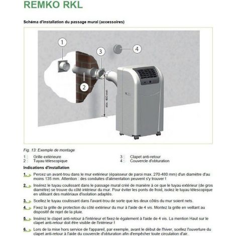 Passage mural pour climatiseur REMKO MKT 251/291 – Évacuation air chaud diamètre 125mm – Accessoire technique Made in Germany