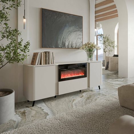 Aparador Briano, aparador de salón con dos puertas batientes, puerta abatible y chimenea eléctrica, elevado del suelo, 191 x 40 x 69 cm, beige (1/5)