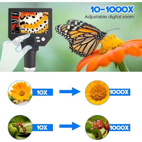 Microscope Numérique 4,3 Pouces HD 1000X 10MP Caméra 8 Lumières LED USB Professionnel Microscope Électronique Portable pour Réparation de Montres(Carte SD 64G, Windows et MacOS Compatible) MNS (1/4)