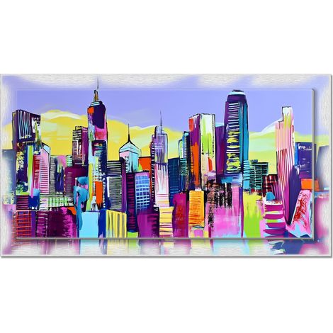 Lupia - Quadro moderno su Tela con Cornice stampata, NEWEXT 75x135 cm SKYSCRAPERS PAINTED POP, stampa tela in cotone e cornice mdf, skyline grattacieli, per soggiorno, camera da letto, cucina, ufficio (1/4)