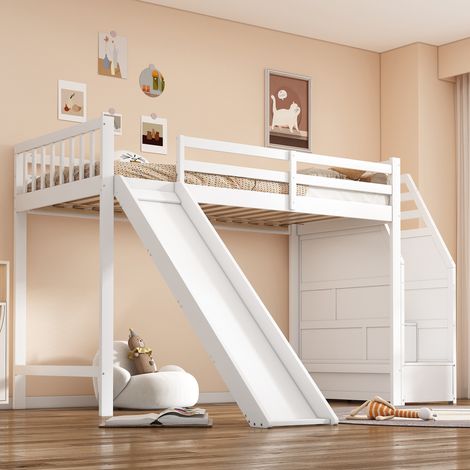 Cama alta infantil 90x200 cm blanca de pino y MDF con tobogán y escalera con almacenaje (1/5)