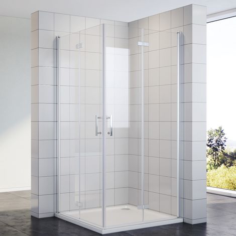 SONNI Duschkabine Eckeinstieg mit Falttür 180º NANO Glas Höhe 195cm beide Seiten faltbar Duschwand Duschabtrennung mit Duschwanne grau 80x80 cm (1/5)