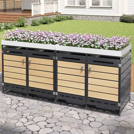 Cache-poubelles 4 bacs avec jardinière intégrée, métal noir effet bois, armoire extérieure verrouillable