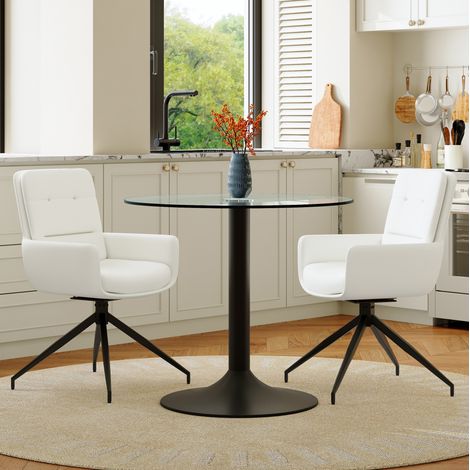 Esstisch-Set aus gehärtetem Glas und schwarzem Metall, 2-Sitzer, mit weißen Drehstühlen (1/4)