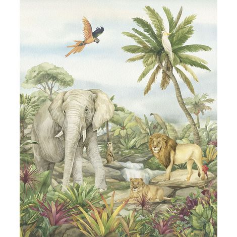 papier peint panoramique animaux de la jungle vert - Sanders & Sanders (1/4)