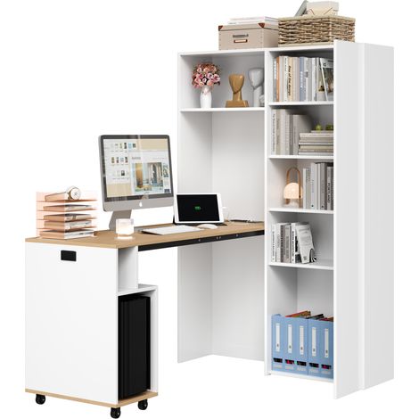 Bureau pliant avec étagère 2-en-1, prise EU et ports USB, rangement pour PC, anti-basculement, blanc bois clair  CHICFURN (1/5)