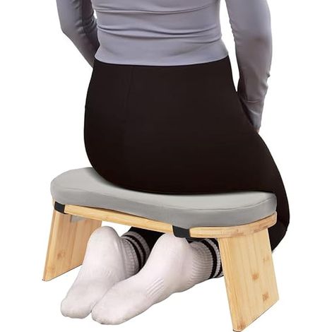 MINRS Banc de méditation pliable en bois avec coussin - Tabouret de prière ergonomique pour s'agenouiller et s'asseoir - Méditation plus profonde et plus longue - Gris (1/5)