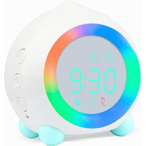 Réveil enfant blanc avec chiffres lumineux, horloge LED veilleuse, réveil matin et nuit réglable, volume ajustable, fonction snooze, rechargeable USB (1/5)