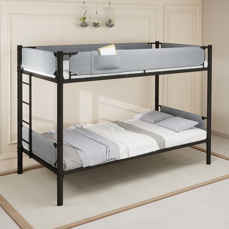 DurableMetalBunkBedwithRemovableLinenFabricGuardrails,ConvertibletoTwoSeparateBeds,Space-SavingDesignforKids&Adults,Size90x190cm,AvailableinBlack (1/5)