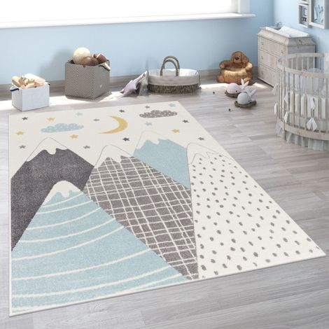 Paco Home Tappeto Bambini Cameretta Moderno Motivo Di Montagne Con Stelle Nuvola Blu Ø 160 cm tondo