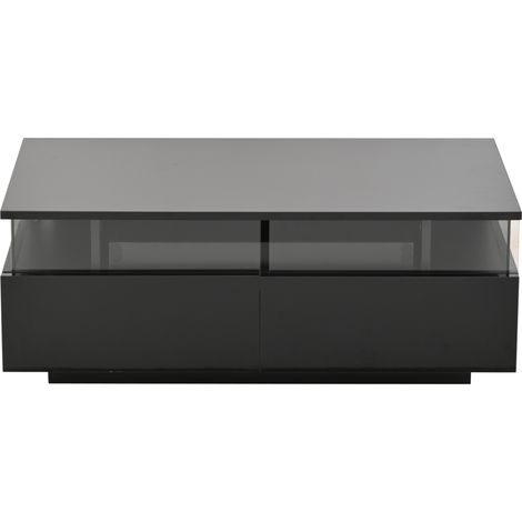 Mesa de centro negra de alto brillo 90 x 45 x 35,5 cm con 2 cajones, bandeja extraíble y LED (1/5)