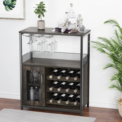Meuble Bar / Cave à Vin en Bois, Porte-Verres et Casier Amovible, 72x35x90 cm, Chêne (1/5)