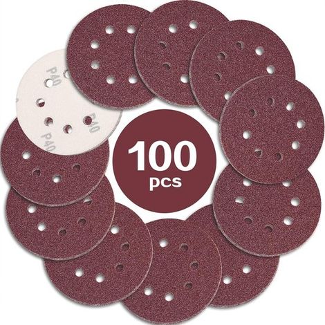 100 disques abrasifs, 125 mm, grain 600, 8 trous. Pour le ponçage et le polissage avec ponceuses orbitales aléatoires. Couleur : rouge rouille. (1/5)