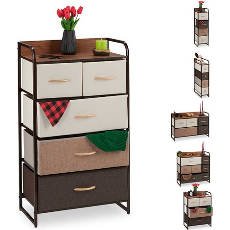 Relaxdays Dresser, 5 Drawer Compartments, with Shelf, 5 Folding Baskets, Fabric, Steel Frame, 100x58x31.5 cm, Brown