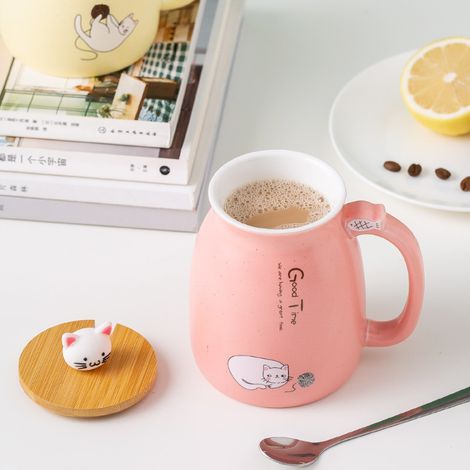 BDD Tasse de chat, tasse à café en céramique mignonne avec couvercle de cuillère en acier inoxydable de chat mignon, cadeau de tasse de Noël de lait de thé du matin de nouveauté 450ML
