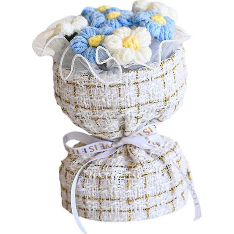 Bouquet de fleurs au crochet, bouquet tricoté à la main, décoration colorée pour la maison, ornement fini, cadeau pour la fête des mères ou la fête des enseignants-Blue White (1/5)